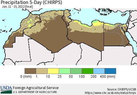 North Africa Precipitation 5-Day (CHIRPS) Thematic Map For 1/11/2022 - 1/15/2022