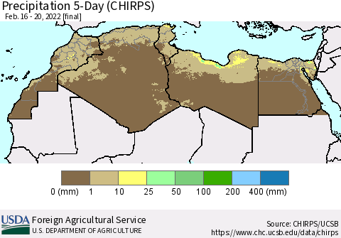 North Africa Precipitation 5-Day (CHIRPS) Thematic Map For 2/16/2022 - 2/20/2022