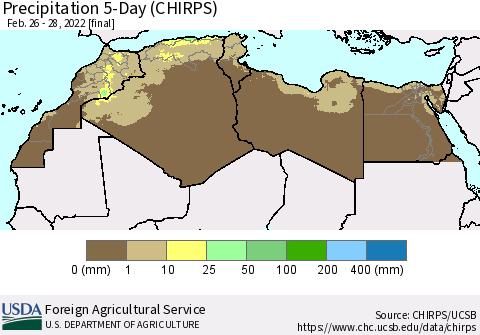 North Africa Precipitation 5-Day (CHIRPS) Thematic Map For 2/26/2022 - 2/28/2022
