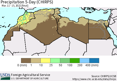 North Africa Precipitation 5-Day (CHIRPS) Thematic Map For 3/11/2022 - 3/15/2022