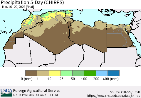 North Africa Precipitation 5-Day (CHIRPS) Thematic Map For 3/16/2022 - 3/20/2022