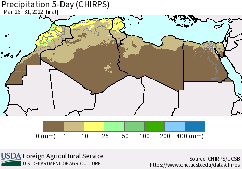 North Africa Precipitation 5-Day (CHIRPS) Thematic Map For 3/26/2022 - 3/31/2022