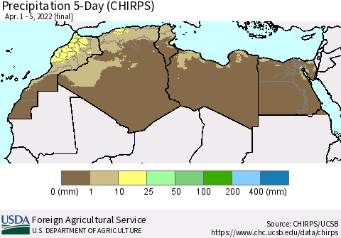 North Africa Precipitation 5-Day (CHIRPS) Thematic Map For 4/1/2022 - 4/5/2022