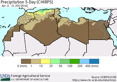 North Africa Precipitation 5-Day (CHIRPS) Thematic Map For 4/11/2022 - 4/15/2022