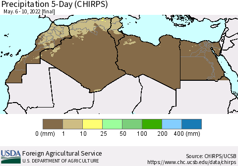 North Africa Precipitation 5-Day (CHIRPS) Thematic Map For 5/6/2022 - 5/10/2022
