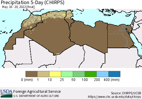 North Africa Precipitation 5-Day (CHIRPS) Thematic Map For 5/16/2022 - 5/20/2022