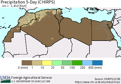 North Africa Precipitation 5-Day (CHIRPS) Thematic Map For 6/1/2022 - 6/5/2022
