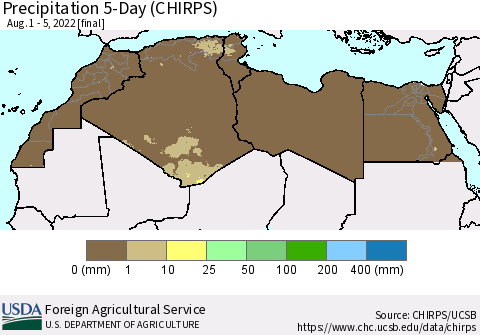 North Africa Precipitation 5-Day (CHIRPS) Thematic Map For 8/1/2022 - 8/5/2022