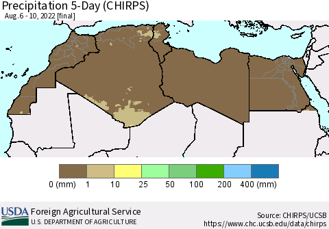 North Africa Precipitation 5-Day (CHIRPS) Thematic Map For 8/6/2022 - 8/10/2022