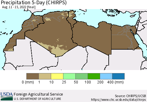 North Africa Precipitation 5-Day (CHIRPS) Thematic Map For 8/11/2022 - 8/15/2022