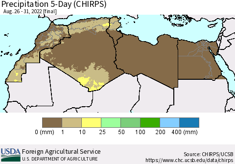 North Africa Precipitation 5-Day (CHIRPS) Thematic Map For 8/26/2022 - 8/31/2022