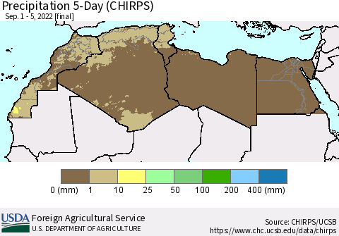 North Africa Precipitation 5-Day (CHIRPS) Thematic Map For 9/1/2022 - 9/5/2022