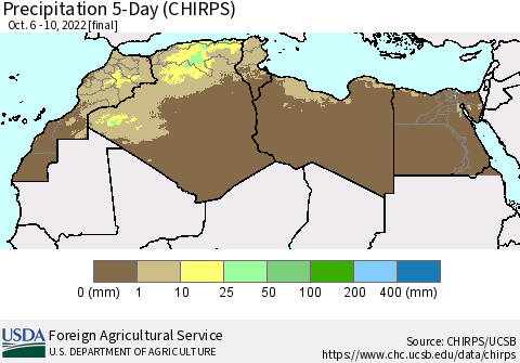 North Africa Precipitation 5-Day (CHIRPS) Thematic Map For 10/6/2022 - 10/10/2022