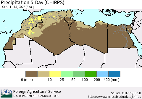 North Africa Precipitation 5-Day (CHIRPS) Thematic Map For 10/11/2022 - 10/15/2022