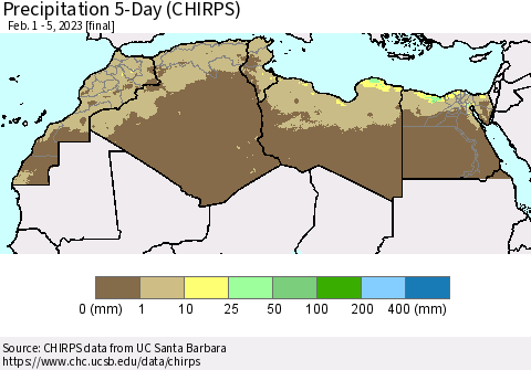 North Africa Precipitation 5-Day (CHIRPS) Thematic Map For 2/1/2023 - 2/5/2023