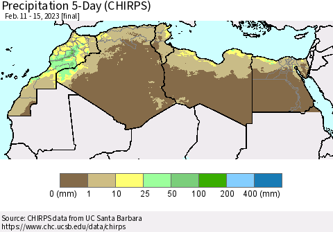 North Africa Precipitation 5-Day (CHIRPS) Thematic Map For 2/11/2023 - 2/15/2023