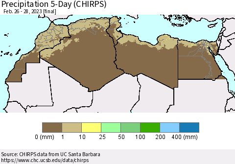 North Africa Precipitation 5-Day (CHIRPS) Thematic Map For 2/26/2023 - 2/28/2023