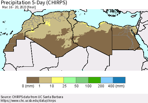 North Africa Precipitation 5-Day (CHIRPS) Thematic Map For 3/16/2023 - 3/20/2023