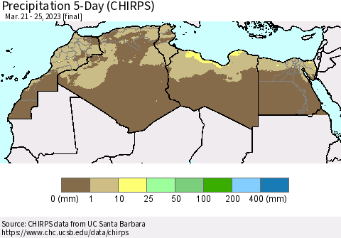 North Africa Precipitation 5-Day (CHIRPS) Thematic Map For 3/21/2023 - 3/25/2023