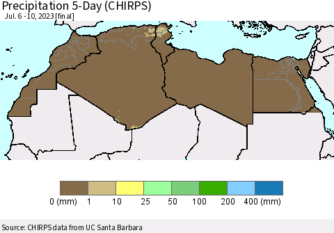 North Africa Precipitation 5-Day (CHIRPS) Thematic Map For 7/6/2023 - 7/10/2023