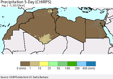 North Africa Precipitation 5-Day (CHIRPS) Thematic Map For 8/1/2023 - 8/5/2023