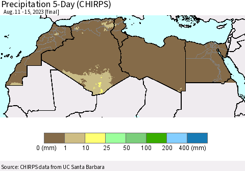North Africa Precipitation 5-Day (CHIRPS) Thematic Map For 8/11/2023 - 8/15/2023