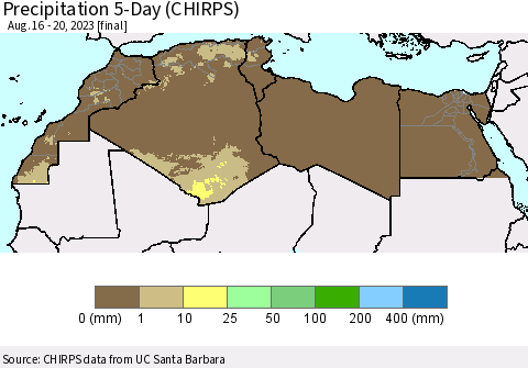 North Africa Precipitation 5-Day (CHIRPS) Thematic Map For 8/16/2023 - 8/20/2023