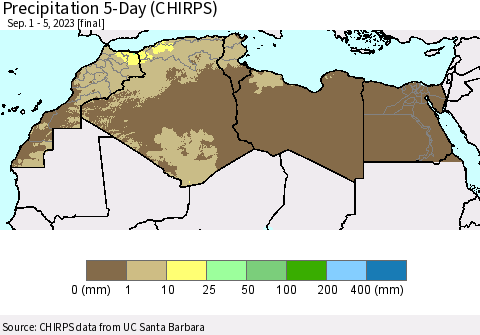 North Africa Precipitation 5-Day (CHIRPS) Thematic Map For 9/1/2023 - 9/5/2023