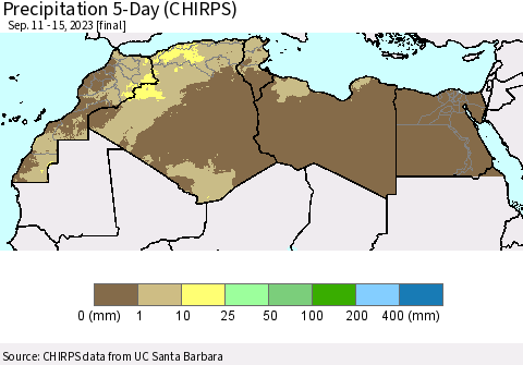 North Africa Precipitation 5-Day (CHIRPS) Thematic Map For 9/11/2023 - 9/15/2023