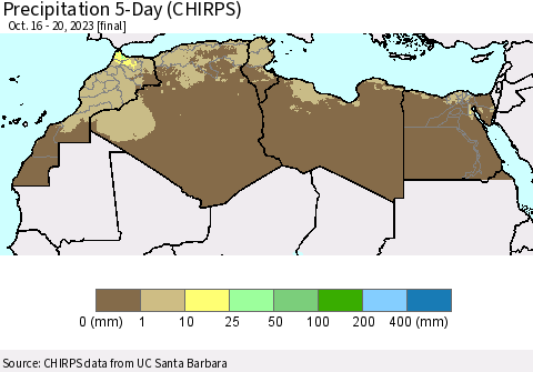 North Africa Precipitation 5-Day (CHIRPS) Thematic Map For 10/16/2023 - 10/20/2023