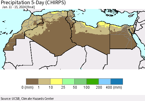 North Africa Precipitation 5-Day (CHIRPS) Thematic Map For 1/11/2024 - 1/15/2024