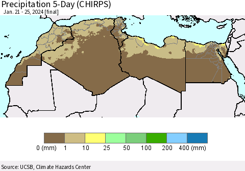 North Africa Precipitation 5-Day (CHIRPS) Thematic Map For 1/21/2024 - 1/25/2024