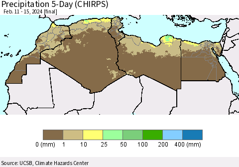 North Africa Precipitation 5-Day (CHIRPS) Thematic Map For 2/11/2024 - 2/15/2024