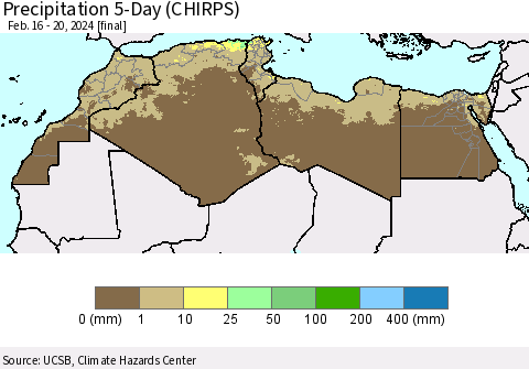 North Africa Precipitation 5-Day (CHIRPS) Thematic Map For 2/16/2024 - 2/20/2024