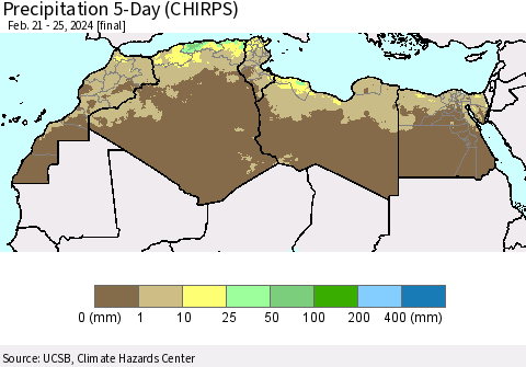 North Africa Precipitation 5-Day (CHIRPS) Thematic Map For 2/21/2024 - 2/25/2024