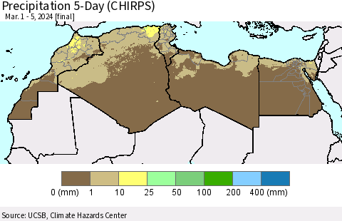 North Africa Precipitation 5-Day (CHIRPS) Thematic Map For 3/1/2024 - 3/5/2024