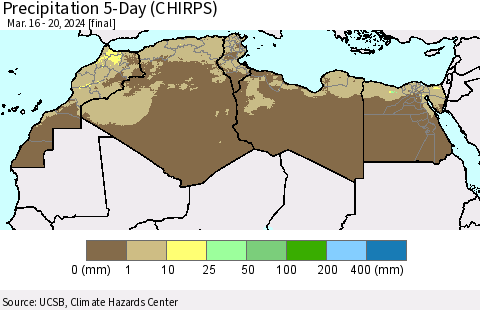 North Africa Precipitation 5-Day (CHIRPS) Thematic Map For 3/16/2024 - 3/20/2024