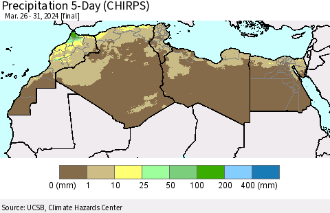 North Africa Precipitation 5-Day (CHIRPS) Thematic Map For 3/26/2024 - 3/31/2024