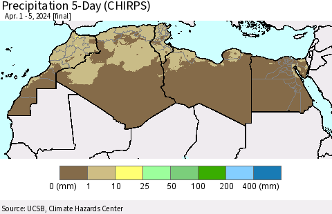 North Africa Precipitation 5-Day (CHIRPS) Thematic Map For 4/1/2024 - 4/5/2024