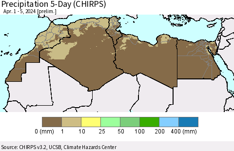 North Africa Precipitation 5-Day (CHIRPS) Thematic Map For 4/1/2024 - 4/5/2024