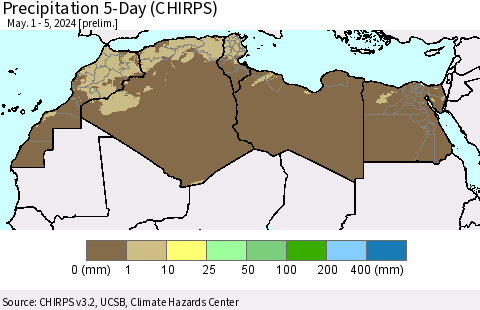 North Africa Precipitation 5-Day (CHIRPS) Thematic Map For 5/1/2024 - 5/5/2024