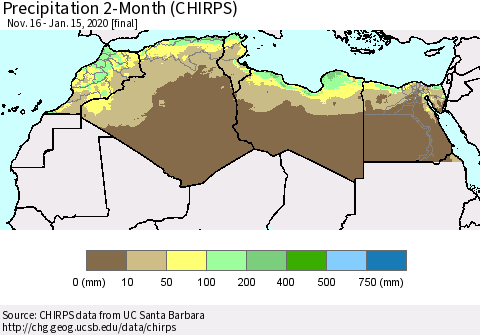 North Africa Precipitation 2-Month (CHIRPS) Thematic Map For 11/16/2019 - 1/15/2020