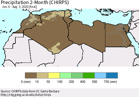 North Africa Precipitation 2-Month (CHIRPS) Thematic Map For 6/6/2020 - 8/5/2020