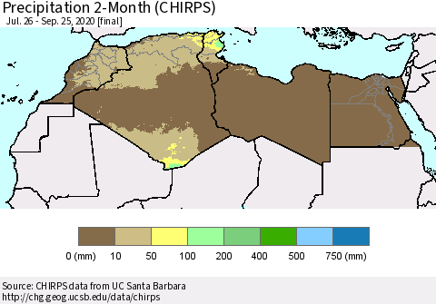 North Africa Precipitation 2-Month (CHIRPS) Thematic Map For 7/26/2020 - 9/25/2020