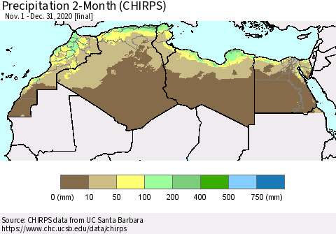 North Africa Precipitation 2-Month (CHIRPS) Thematic Map For 11/1/2020 - 12/31/2020