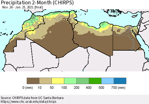North Africa Precipitation 2-Month (CHIRPS) Thematic Map For 11/26/2020 - 1/25/2021