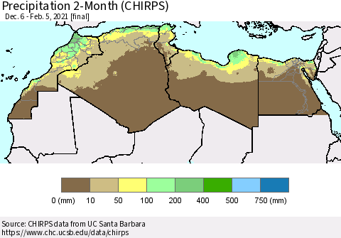 North Africa Precipitation 2-Month (CHIRPS) Thematic Map For 12/6/2020 - 2/5/2021
