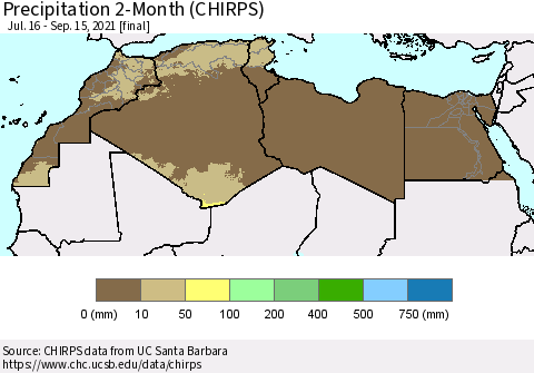 North Africa Precipitation 2-Month (CHIRPS) Thematic Map For 7/16/2021 - 9/15/2021