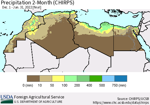 North Africa Precipitation 2-Month (CHIRPS) Thematic Map For 12/1/2021 - 1/31/2022