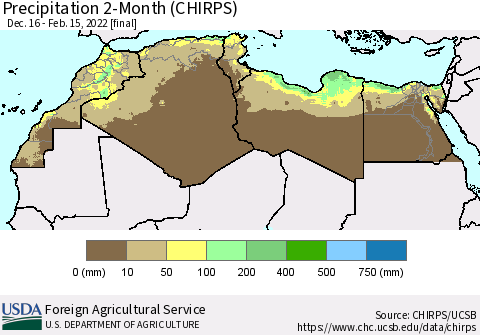 North Africa Precipitation 2-Month (CHIRPS) Thematic Map For 12/16/2021 - 2/15/2022